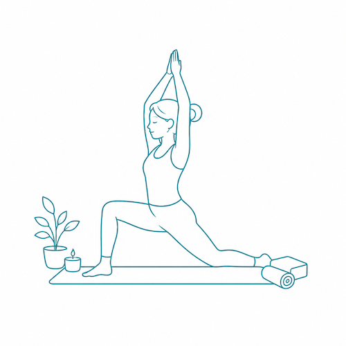 Calm yoga practice in teal outline Minimal line art yoga icon featuring a woman in a peaceful low lunge yoga pose.