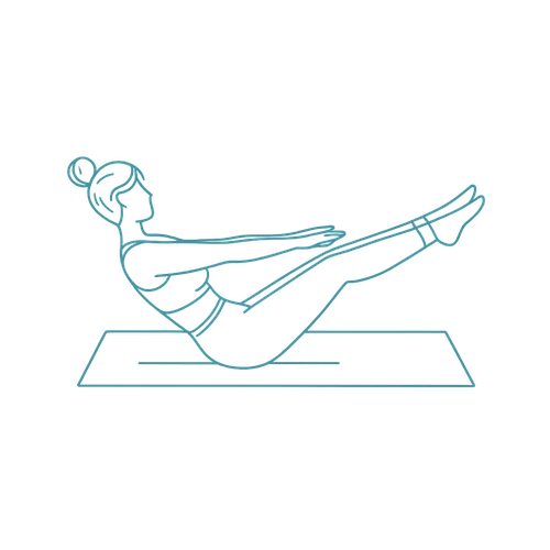 Minimal line art icon of a woman holding a pilates pose on a mat