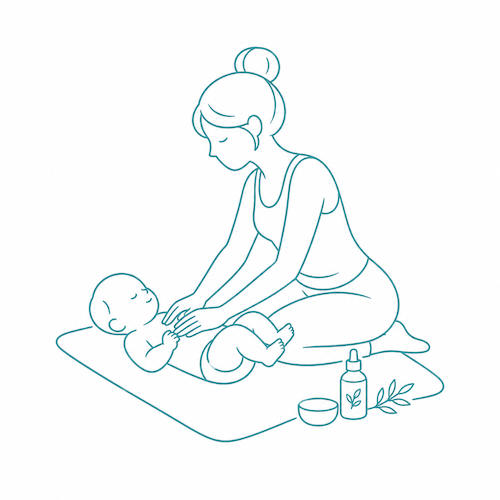 Minimal line art icon of a mother giving a calming baby massage on a yoga mat.