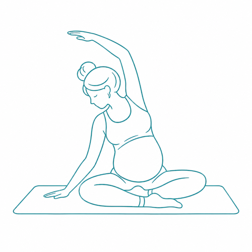 Minimal line art icon of a pregnant woman practicing seated pregnancy yoga stretch.