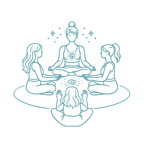 Minimal line art icon of women gathered in a peaceful Reiki healing circle meditation.
