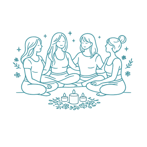 Minimal line art icon of women gathered doing taking a circle class