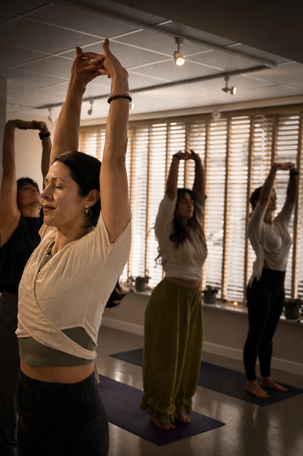 women-yoga-stretch-class-indoor-studio Women practicing overhead yoga stretches during a relaxing indoor yoga class with warm natural light and calm studio atmosphere.